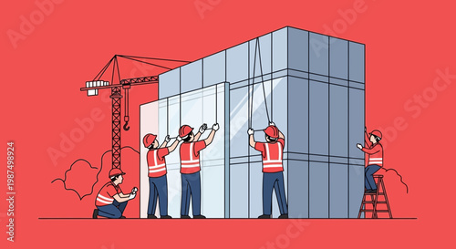 Constructors Assembling Glass Facade on Modern Building Red Background Illustration