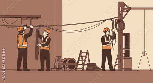 Electricians Working on Electrical Wiring and Power Cables Installation Process Construction