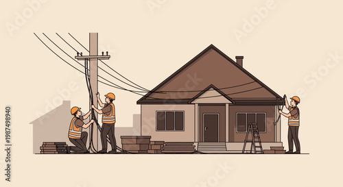 Electricians Working on Power Lines Near a Residential Home to Ensure Functionality
