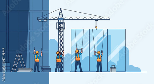 Constructors Working Together to Assemble a Glass Panel for a High Rise Building