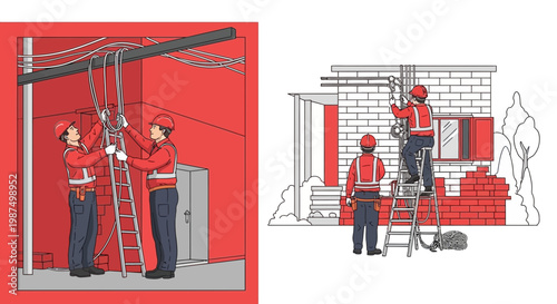 Electricians Working On Wiring System, Installation, Maintenance and Development in a Building