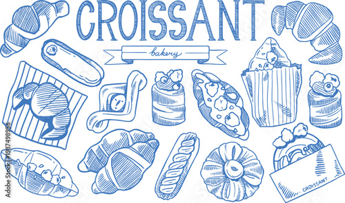 Hand Drawn Bakery Set with Croissants and Pastries Vintage Line Illustration