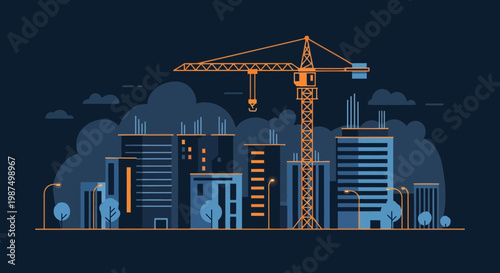 Evening Cityscape Depicting Construction Amidst Illuminated Buildings and Moody Skies