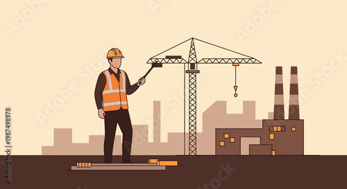 Engineer Explaining A Construction Project With Crane and Industrial Facilities Illustration