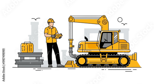 Engineer Inspecting an Excavator on a Construction Site in Bright Colors and Modern Style