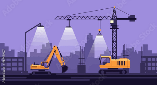 Evening Construction Site Illustrative Displaying Development, Technology, and Cityscapes Work