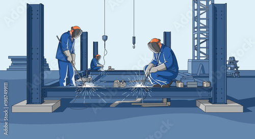 Craftsmen Welding Steel Beams for Construction: Industrial Work and Safety Measures