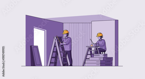 Craftsmen Working On Interior Renovation Illustrating Construction And Home Improvement