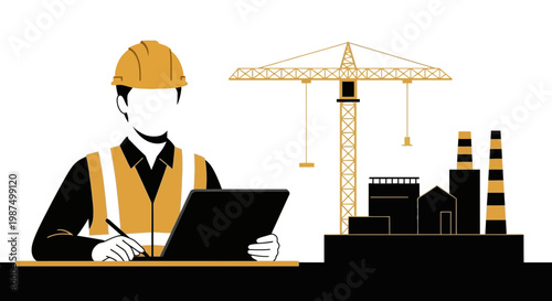 Engineer Inspecting Construction Site Project with Crane and Buildings on a White Background