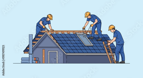 Craftsmen Working On House Roof Construction And Installation Depiction Illustration