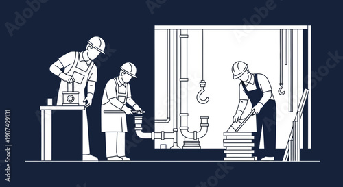 Craftsmen Working On Plumbing Systems In A Industrial Building Construction Context