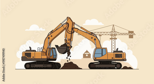 Excavation Site Under Construction Depicting Two Mighty Diggers And A Tall Crane