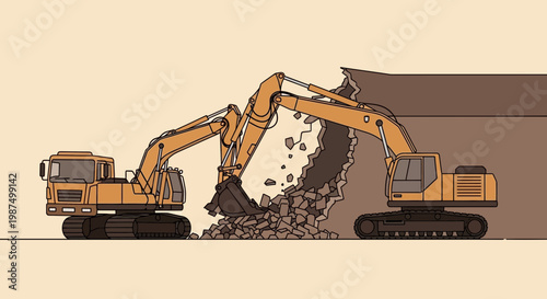 Excavation Process Depicted, Illustrating Construction and Earthmoving Operations