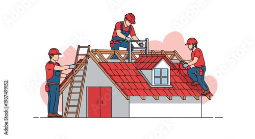 Craftsmen Working Together Constructing A Roofing System For A Small Residential Structure