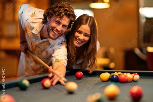 Couple Plays Pool in a Bar While Smiling and Enjoying Their Time Together