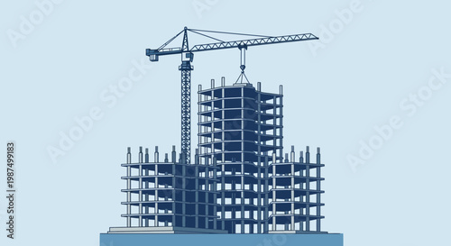 Crane Lifting Building Component, Construction Site Vector Illustration With Blue Tones