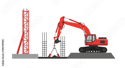 Excavator Construction Illustration Demonstrating Building Foundations, Vector Graphic, Isolated