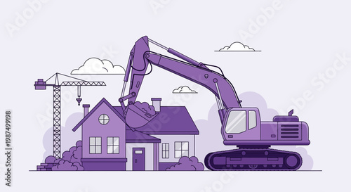 Excavator Demolishing House Construction Site, Purple Illustration For New Beginnings