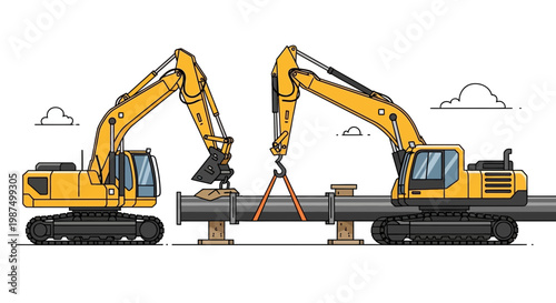 Excavators Deploy Infrastructure Components: An Illustrated Depiction Of Construction Operations