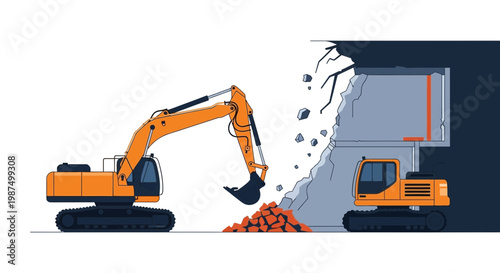 Excavators Demolishing Wall: Construction Site Illustration Of Earthmoving Machines Building