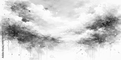 Dramatic abstract grunge background featuring black ink splats and smoky textures over a dark overcast sky with white clouds and heavy storm light