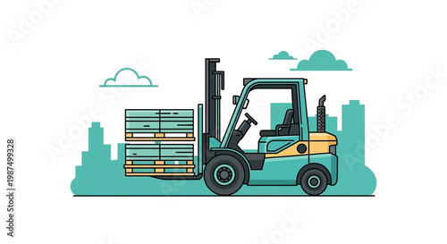 Forklift At Work Transporting Pallets With A City Silhouette In The Background