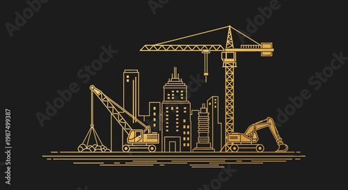 Golden City Construction Underway Depicted by Cranes and Machinery in Outline