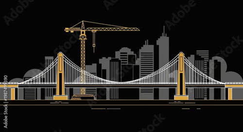 Geometric Graphic Of City Skyline, Bridge Construction And Golden Crane On Black Background