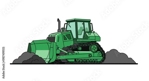 Green Bulldozer Moving Earth During Construction Under Simplified Minimalist Style