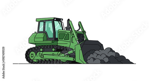 Green Bulldozer Pushing Earth Illustrated In Detailed Vector Art Graphic Design