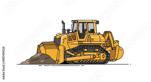Illustrated Bulldozer At Work Digging Earth On Construction Zone With White Background