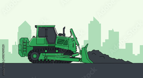 Green Bulldozer Pushing Earth With City Skyline Silhouette In The Background