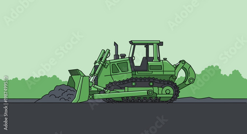 Green Bulldozer On Construction Site Pushing Soil, Vector Illustration, Artwork, Graphic