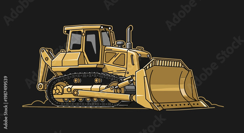 Illustrated Bulldozer Illustration On Black Background Ready For Construction Or Demolition