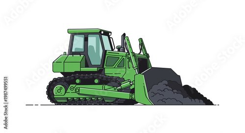 Green Bulldozer Pushing Earth, Modern Illustration, Construction Machinery, Isolated on White