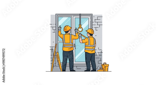 Engineers Installing a Window in a Building Employing Ingenious Techniques and Expertise
