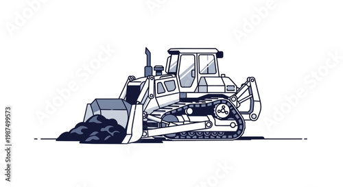 Illustrated Bulldozer Pushing Earth, Simple Construction Vector Design, White Background