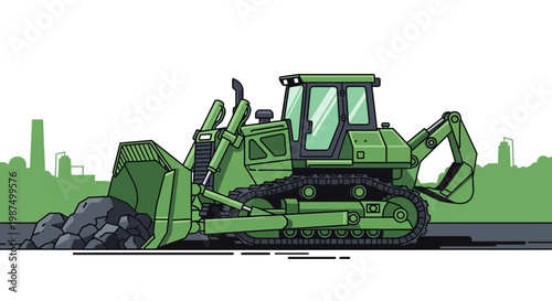 Green Bulldozer Removing Debris in an Industrial Environment, Graphic Style