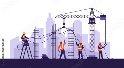 Illustrated Construction Crew Working Harmoniously Building New Structures In The City