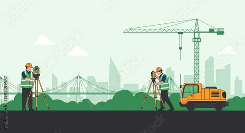 Engineers Measuring Infrastructure And Building Construction Site With A Crane In The Background
