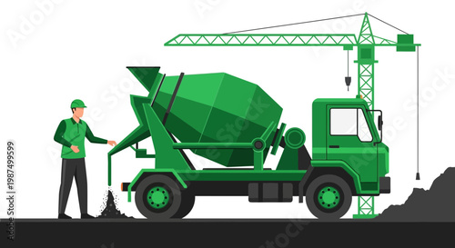 Green Cement Truck With Worker Working On Construction Site Drawing Illustration