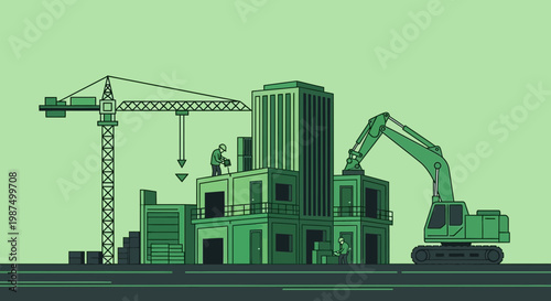 Green Construction Project: Building and Development Concept with Machinery Illustrated