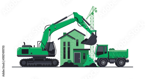 Green Construction Process Depicting House Demolition and Transformation in Progress
