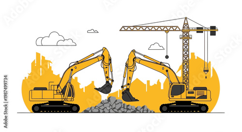 Illustrated Construction Site with Excavators and Tower Crane Over a Yellow-Hued Background