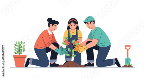 Family Gardening Activity with Kids and Adults Planting Flowers in Backyard