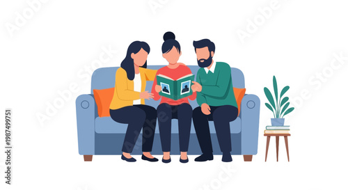 Family Reading Time on Couch in Cozy Living Room