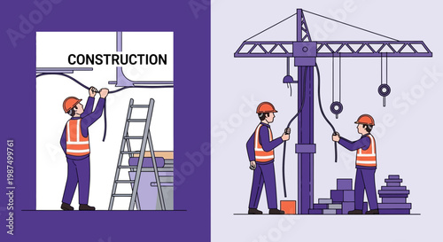 Illustration Of Builders Working On A Construction Site With Cables And Overhead Crane