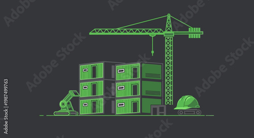 Green Construction Site Illustration Portraying Buildings, Cranes, and Modern Elements