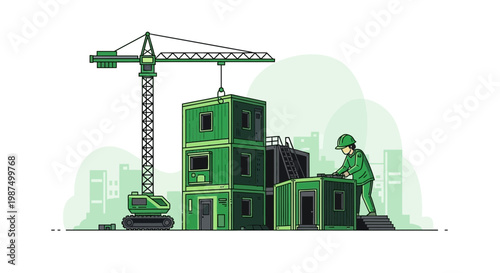 Green Construction Site Illustration With A Crane And A Construction Worker, Building City
