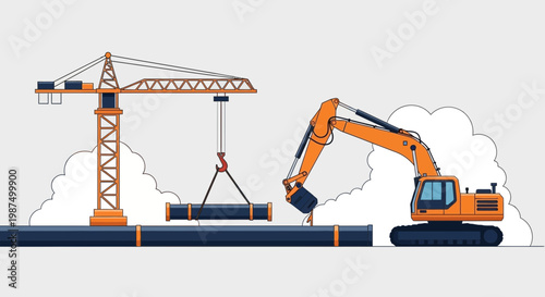 Illustration Of Construction In Progress With Crane And Excavator Building Structure